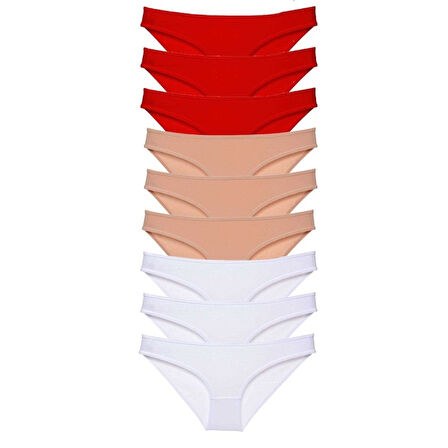 9 adet Süper Eko Set Likralı Kadın Slip Külot Kırmızı Ten Beyaz