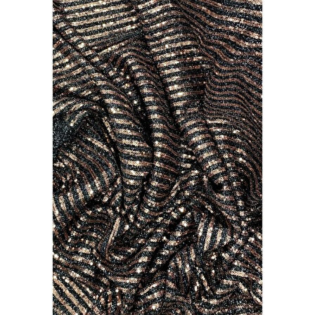 Sakallı Çizgili Pullu Kumaş Pullu Payet Kumaş Abiye Nişan Düğün Siyah Bakır