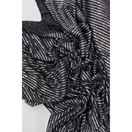 Sakallı Çizgili Pullu Kumaş Pullu Payet Kumaş Abiye Nişan Düğün Siyah