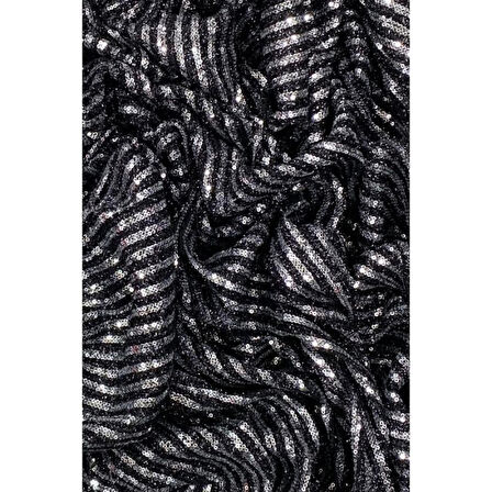 Sakallı Çizgili Pullu Kumaş Pullu Payet Kumaş Abiye Nişan Düğün Siyah