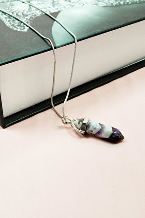 Ametist Doğal Taşı Zincirli El Yapımı Tasarımlı Kolye Uç: 3,5 cm Zincir: 20 cm Kutulu