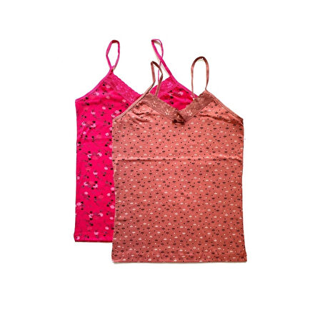 2 Adet Kadın Askılı Desenli Atlet Dantelli Empirme Pamuklu Penye D3-4