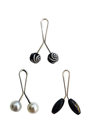 3 Adet Tesettür Eşarp ve Şal Klipsi İnci Beyaz Siyah Siyah Desenli