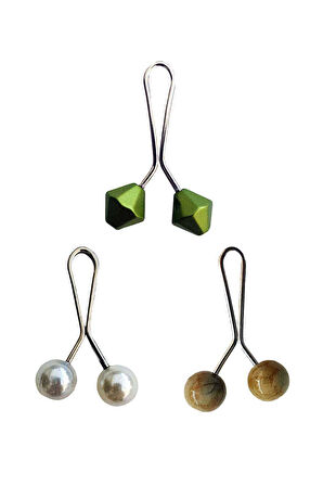 3 Adet Tesettür Eşarp ve Şal Klipsi İnci Beyaz Hardal Yeşil