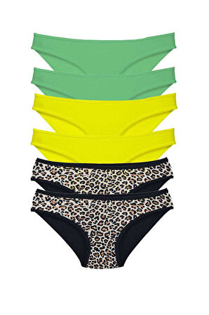 6 Adet Likralı Kadın Slip Külot Leopar Yeşil Sarı