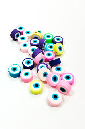 30 Adet 10 mm Polimer Kil Fimo Boncuk Takı Bileklik + 5 Metre Lastikli Misina Hediye - Nazar Boncuğu