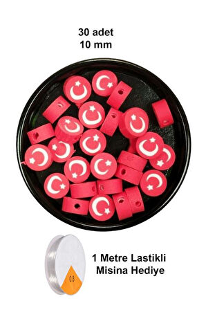 30 Adet 10 mm Polimer Kil Fimo Boncuk Takı Bileklik + 5 Metre Lastikli Misina Hediye - Türk Bayrağı