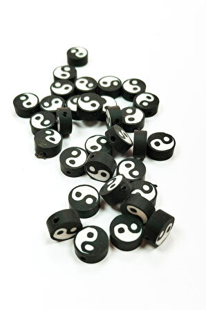 30 Adet 10 mm Polimer Kil Fimo Boncuk Takı Bileklik + 5 Metre Lastikli Misina Hediye - Yin Yang