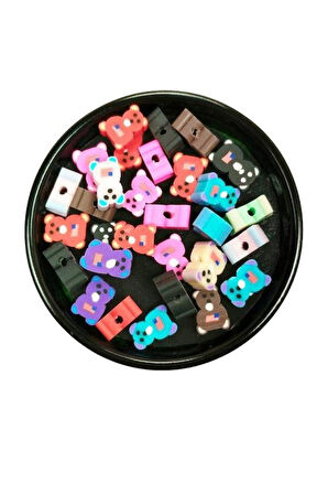 30 Adet 10 mm Polimer Kil Fimo Boncuk Takı Bileklik + 5 Metre Lastikli Misina Hediye - Renkli Ayıcık