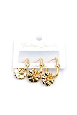 3'lü Çiçek Küpe - Altın