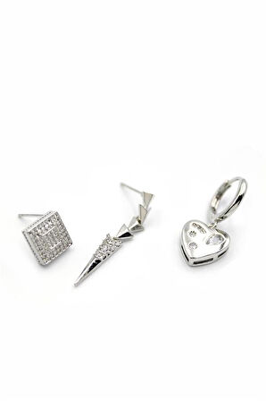 3'lü Kalp Küpe - Gümüş