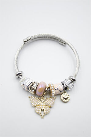 Çelik Charmlı Kelebek Bileklik - Pembe