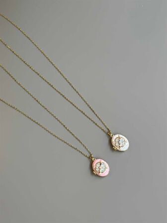 İncili Etnik Desen Kapaklı Kolye - Pembe