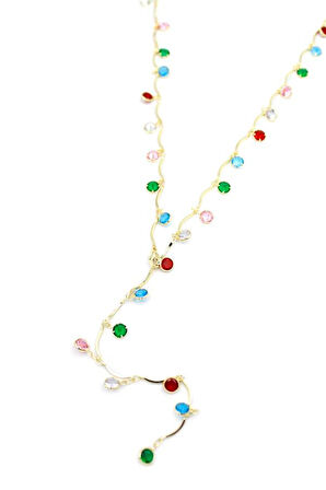 Renkli Taşlı Y Kolye - Altın