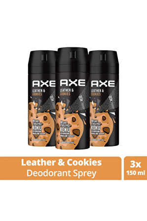 3 Adet Axe Erkek Sprey Deodorant Leather & Cookies 48 Saat Etkileyeci Koku 150 ml