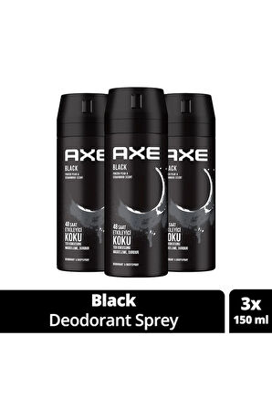 3 Adet Axe Erkek Deodorant & Bodyspray Black 48 Saat Etkileyici Koku Vücut Spreyi 150 ml