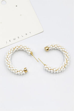 Kristal Boncuk Halka Küpe - Beyaz