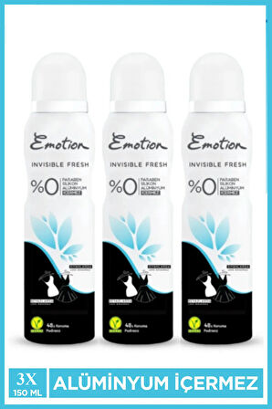 3 Adet Emotion Invisible Fresh Black & White Kadın Deodorant 150ml Vegan, Leke Bırakmaz