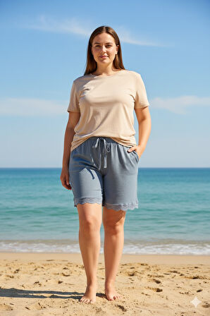 Bambu Fitilli Kadın Ev Şortu Bacak Dantel Detaylı Ev Giyim Gri