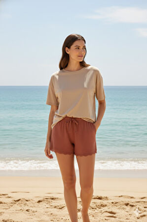 Bambu Fitilli Kadın Ev Şortu Bacak Dantel Detaylı Ev Giyim Taba