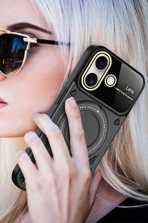 uryport Apple iPhone 16 Kılıf Joy Lens Standlı Kapak - Siyah