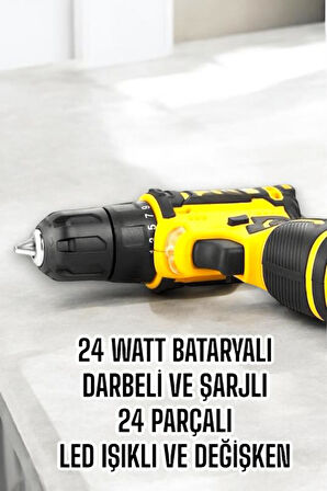 Çift Bataryalı Metal Dişli Darbeli Şarjlı Matkap Seti 24W Güç ve 24 Parça Aksesuar