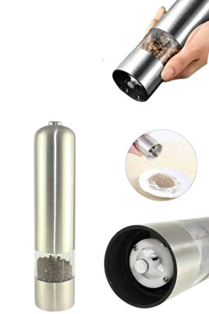 Pilli Tuz Ve Karabiber Öğütücü Baharat Değirmeni Tuzluk Pilli Işıklı Gri