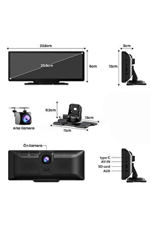 Android ve İOS Uyumlu Ön Arka Çift Kameralı Araç Ekranı Dokunmatik CarPlay