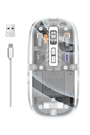 Mouse Fare Kablosuz Mouse Fare Şarjlı Bluetooth Sessiz 5 Tuşlu Şeffaf