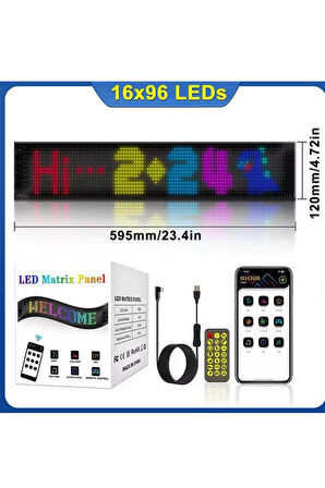 Led Matrix Bluetooth Bağlantılı Araç Camına Uygun Pixsel Görünümlü 16X96