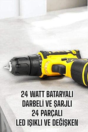Çift Bataryalı Metal Dişli Darbeli Şarjlı Matkap Seti 24W Güç ve 24 Parça Aksesuar