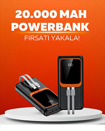 20.000 mAh Powerbank – 22.5W Hızlı Şarj, Çok Kablolu, Dijital Göstergeli