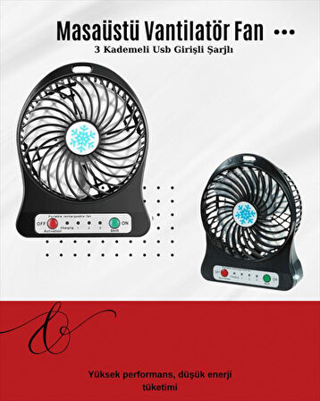 USB Girişli Taşınabilir Masaüstü Mini Fan – 3 Kademeli Hız, Şarjlı, Işıklı, Sessiz Çalışma