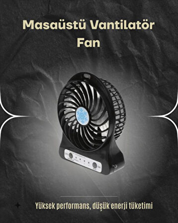 Şarjlı USB Fan – Masaüstü Mini Vantilatör, Taşınabilir, Işıklı, 3 Kademeli, Sessiz