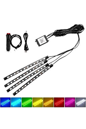 Araç İçi Ayak Altı Led 12 Led Işık Sese Müziğe Duyarlı RGB Işıklı Aydınlatma Seti