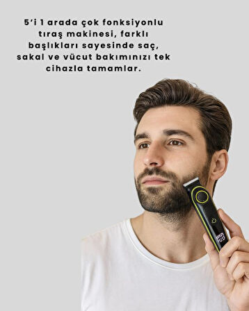 Uzun Pil Ömürlü LED Göstergeli Erkek Bakım Seti 5-in-1 Saç Sakal Tıraş Makinesi