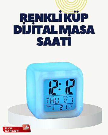 Termometre ve Takvim Özellikli 7 Renk Değiştiren Küp Alarm Saati