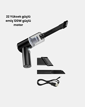 Mini Şarjlı Araç Süpürgesi – 120W Güçlü Motor, 5500PA Vakum Emiş, Yıkanabilir Filtre