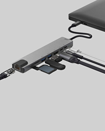 Alüminyum Kasalı MacBook USB-C Hub – 4K HDMI, USB 3.0, SD/TF Kart Girişi, PD Şarj Desteği