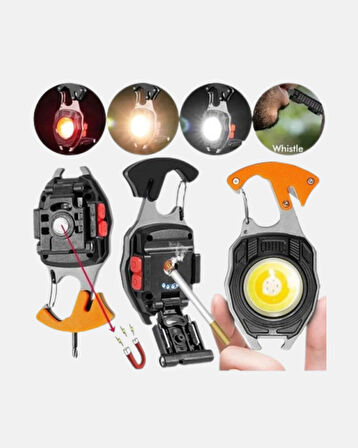 Mini LED Anahtarlık Fener – Şişe Açacağı, Tornavida, Düdük ve USB Şarj Özellikli