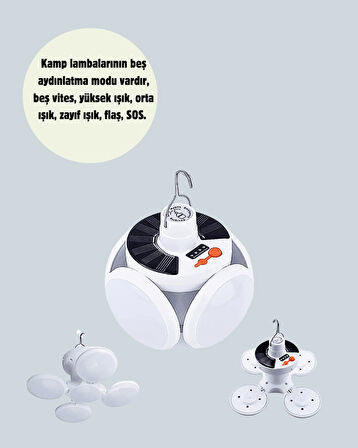 Güneş Paneliyle Şarj Olan Katlanabilir LED Çadır Lambası – 5 Kademeli Aydınlatma