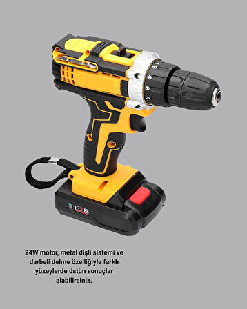 Çift Bataryalı Darbeli Şarjlı Matkap Seti – Metal Dişli, 24 Parça Aksesuar ve LED Işıklı