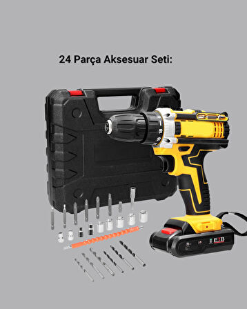 Çift Bataryalı Darbeli Şarjlı Matkap Seti – Metal Dişli, 24 Parça Aksesuar ve LED Işıklı