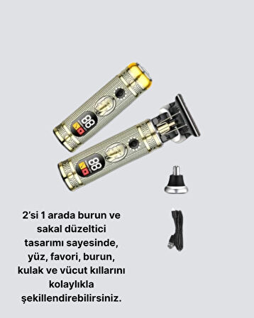 2’si 1 Arada Saç ve Sakal Düzeltici Seti – T Bıçaklı, 8 Farklı Kılavuz Tarağı