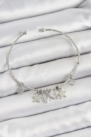 Pirinç Zirkon Taşlı  Ve Yıldız Model Gümüş Renk Charm Bileklik