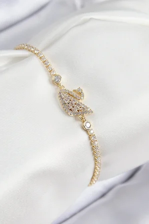 Pirinç Zirkon Taşlı Kuğu Model Gold Renk Kadın Bileklik
