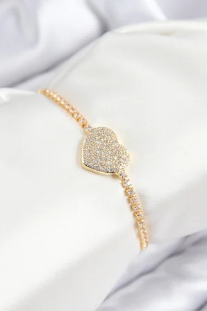 Pirinç Zirkon Taşlı Kalp Model Gold Renk Asansörlü Kadın Bileklik