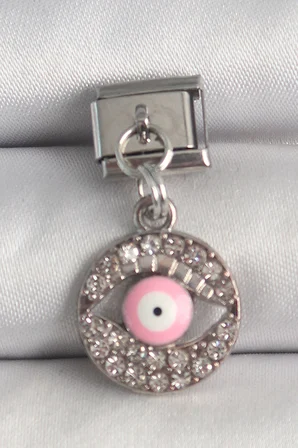 316L Çelik Gümüş Renk Sallantı Zirkon Taşlı Pembe Göz Model Charm