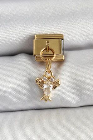 316L Çelik Sallantılı Zirkon Taşlı Yengeç Model Gold Renk Charm
