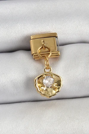 316L Çelik Sallantılı Zirkon Taşlı İstiridye Model Gold Renk Charm